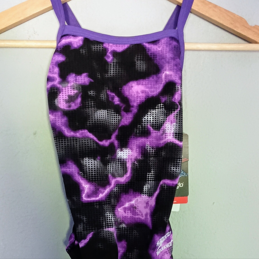 Speedo Purple and Black One Piece Swim. This will fit girl size 3T.  New w tags